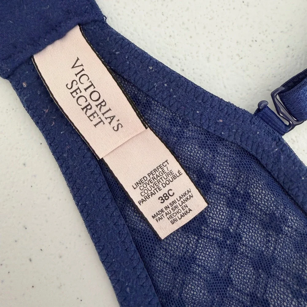 Victorias Secret Lined Perfect Coverage‎ Bra 38C Navy Blue Aqua Floral Lace